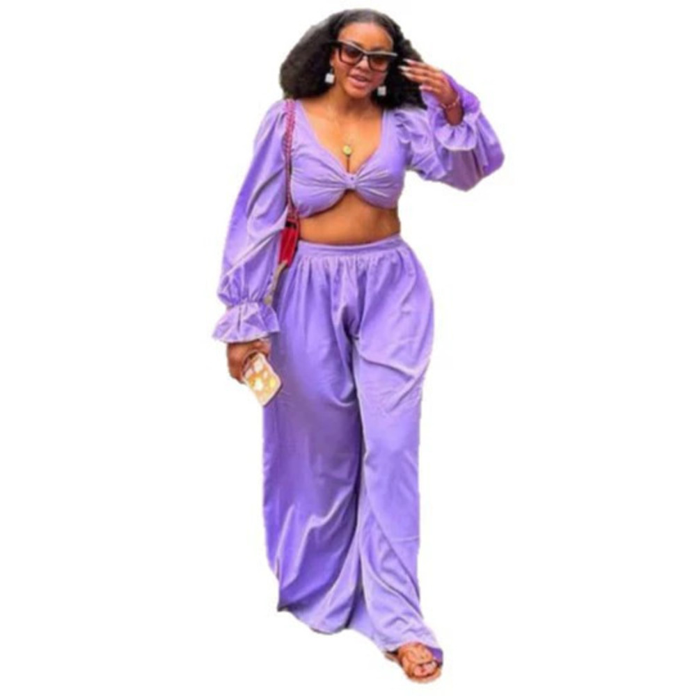 ZARA African Fashion Sexy Lapel Bell Sleeve Solid Crop Top and Casual Pants Set